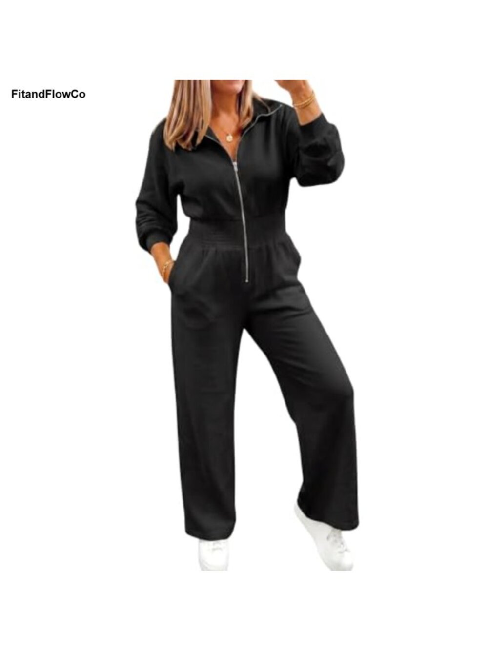 Women's Long Sleeve Zip Jumpsuit Smocked Waist Wide Leg One Piece